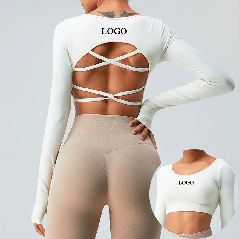 Custom Seamless 4-Way Stretch Long Sleeve Crew Neck Workout Active Tops Sweat-Wicking Backless Gym Yoga Crop Tops With Thumbhole