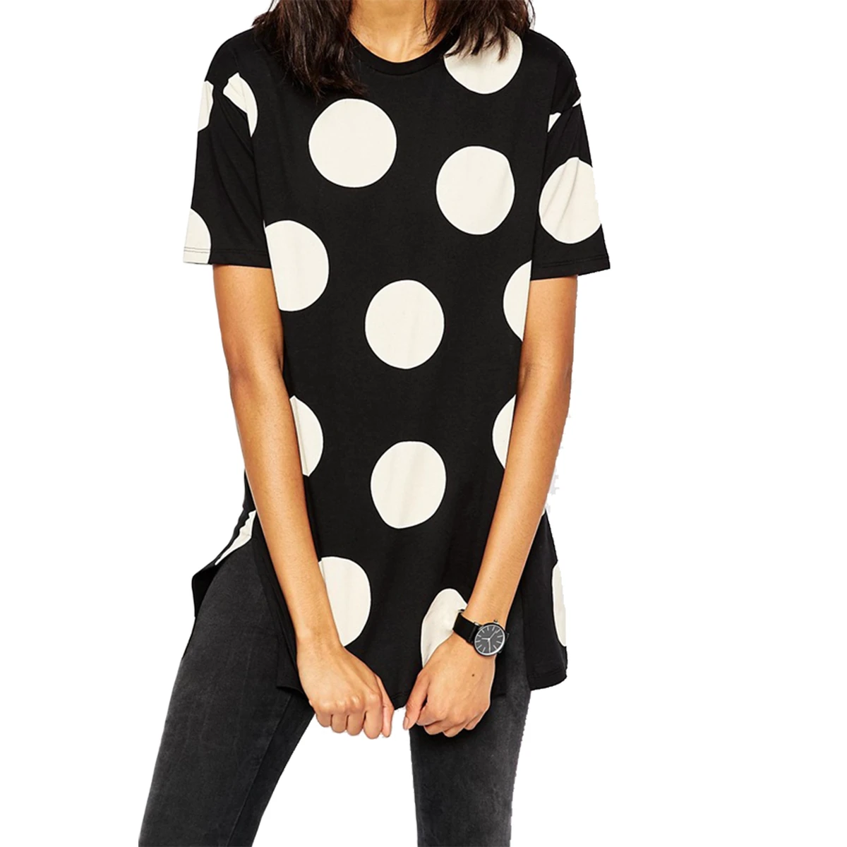 2024 New Style Women's Plus Size Casual Jersey Garment Dyed Lace T-Shirt All-Over Spot Print Sequined Long Line Cut Side Hemline