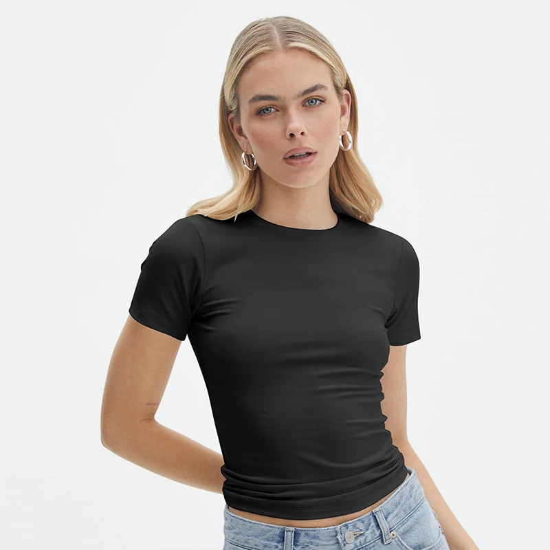 Solid Colors Streetwear Women Soft Solid Color Blank Round Neck Short Sleeve Slim-fit T-shirt