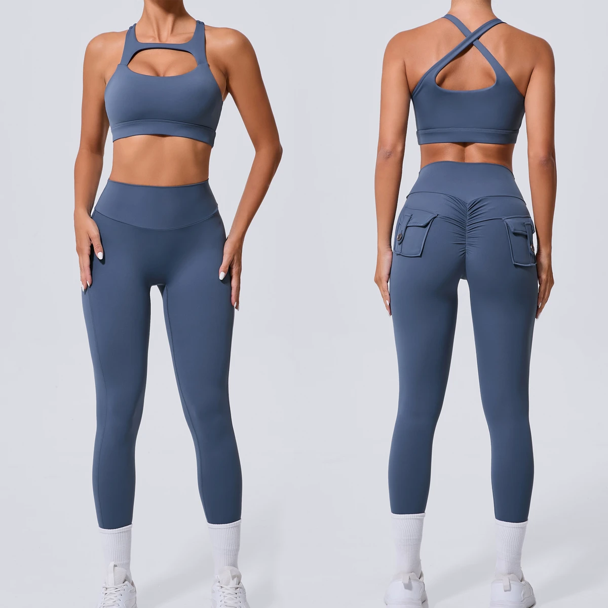 Aoyema Custom Quick Dry Sexy Tight Women Crew Neck Running Shockproof Bra Elastic Waist Solid Booty Sports Leggings 2-Piece Sets