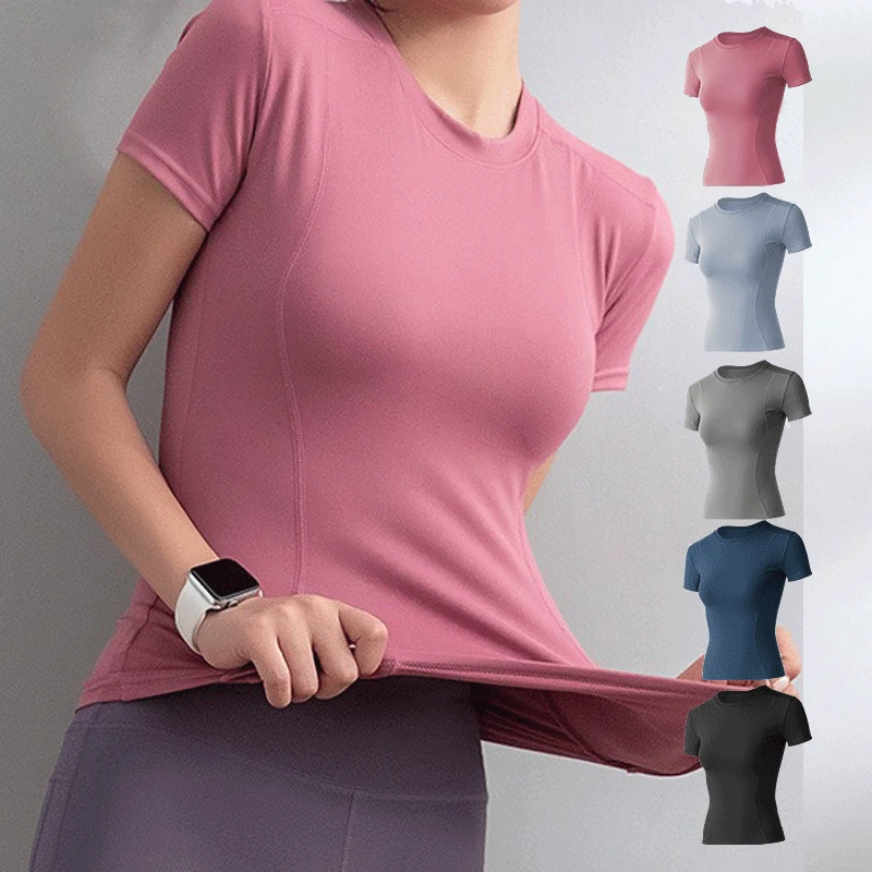 New Fashion Plain Slim Fitted Custom Yoga Short Sleeved T-shirt Women Workout Shirts Athletic Compression Quick Dry Gym Tops