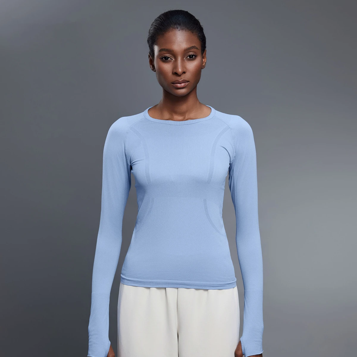 Skin Friendly Nude Feeling Yoga Round Neck Thumb Holes Top Running Fitness Long Sleeve Top Sportswear Yoga Clothes for Ladies