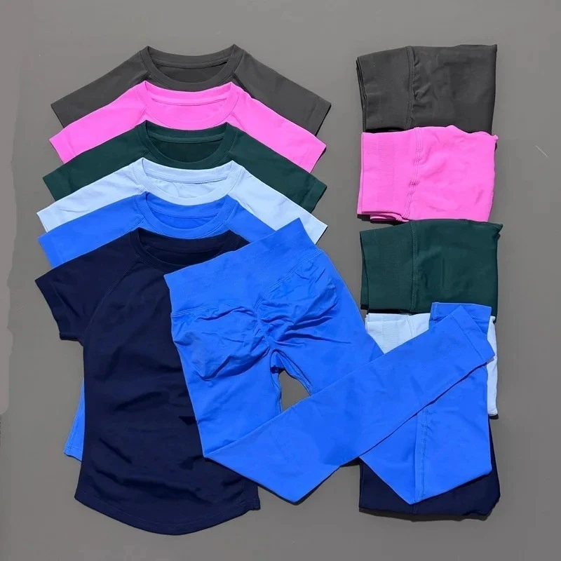 2 Piece Leggings Set Women Longline Short Sleeve Gym Crop Top High Waist Yoga Leggings Workout Sports Suit Fitness Clothes