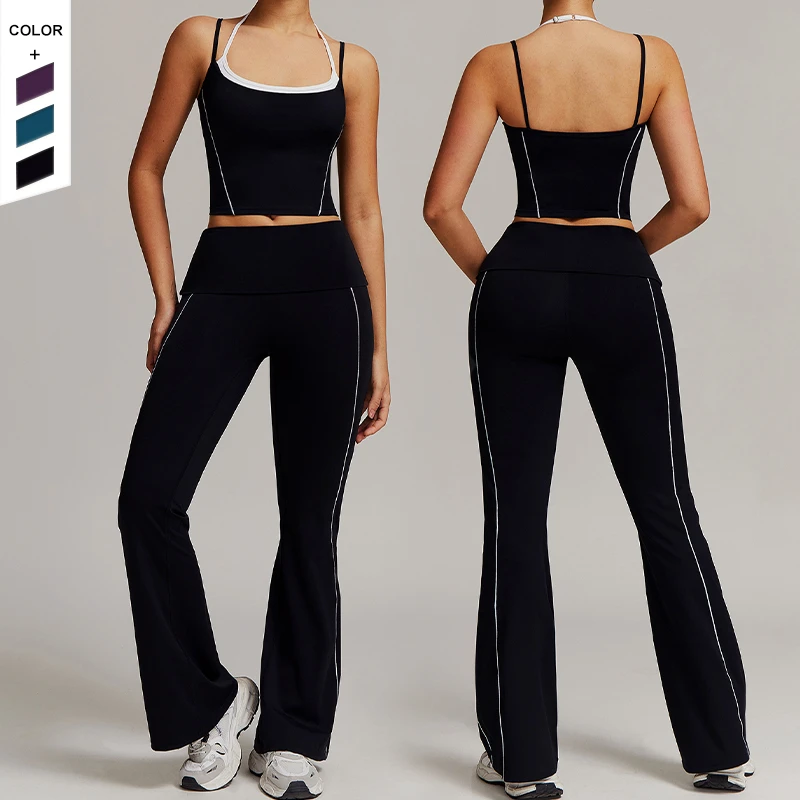 2025new Design False Two Piece Beauty Back Nude Feeling High Waist Wide Leg Gym Suits for Women Running Fitness Yoga Sets