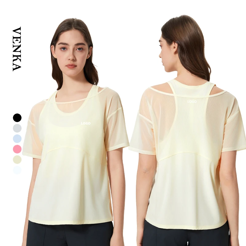 Women's New 2-in-1 Loose Mesh Vest Lightweight Breathable Quick Dry Yoga Short Sleeve T-Shirt Seamless Design