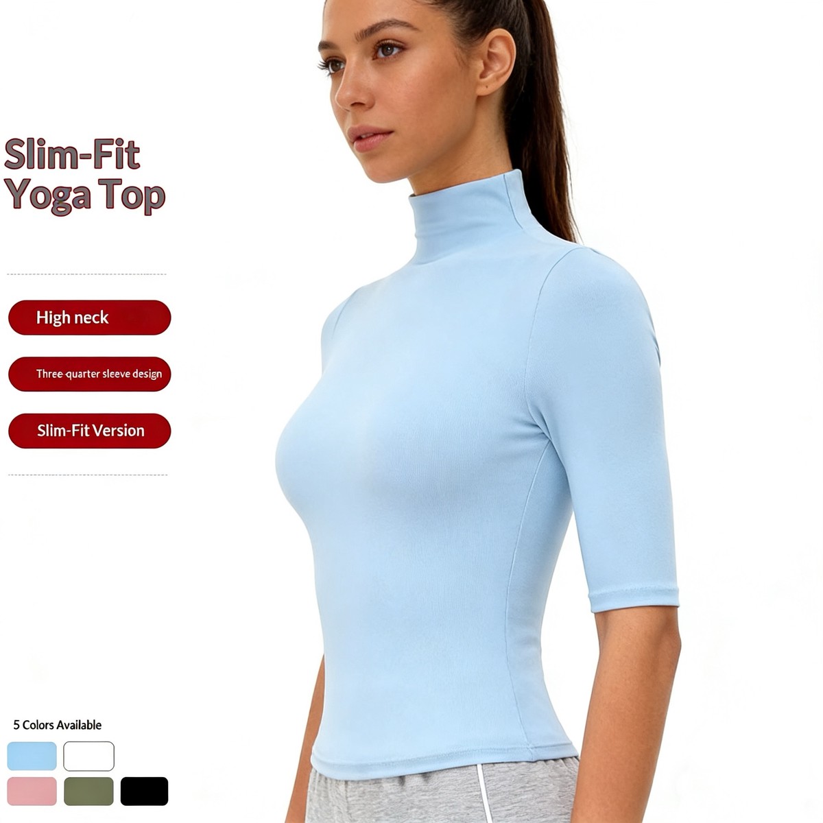 New High Neck Half Sleeve Yoga Suit Women's Slimming Tight Fit Breathable Quick-drying Spandex/Nylon Fitness Top