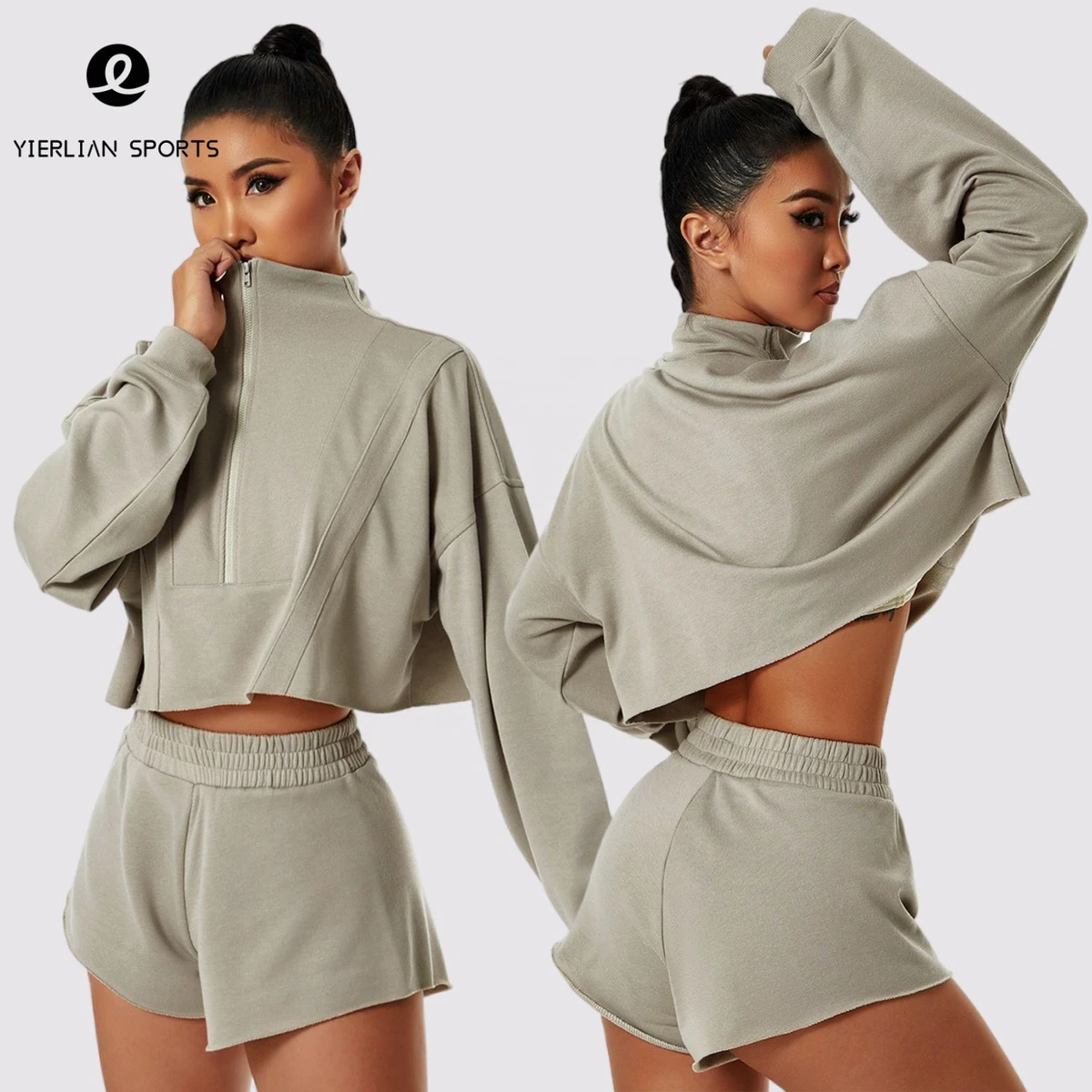 Woman Long Sleeves Sports Stand Collar Gym Casual Outdoor Yoga Wear Women's Sport Half Zip Crop Top Hoodie Loose Fall Woman