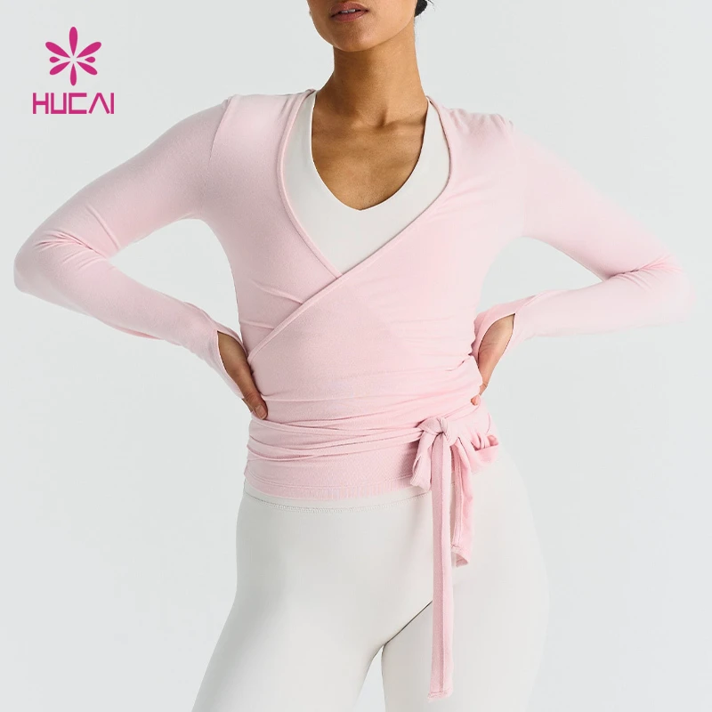 ODM HUCAI Custom Spandex Stretchy Modal Sexy Deep V Neck Long Sleeve Women Soft Gym t Shirt Yoga Ballet Wrap Top