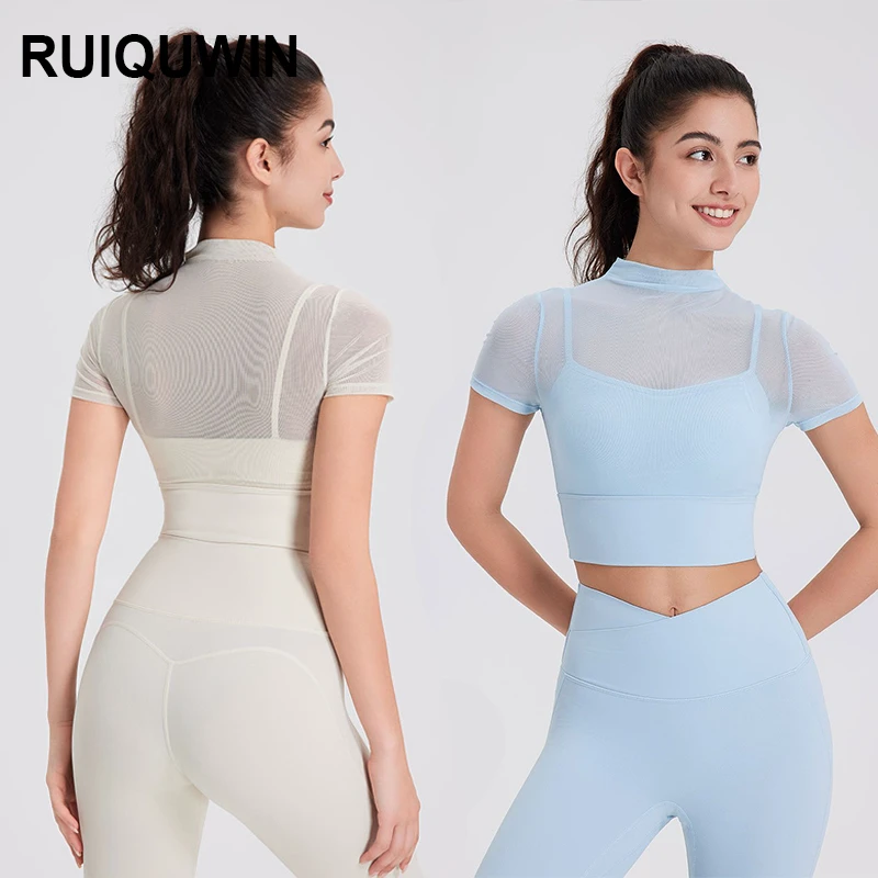 RUIQUWIN New Women Sexy Mesh Yoga Top Short Sleeved Shirts Quick Drying Running Sports Shirts Breathable Yoga Fitness Apparel