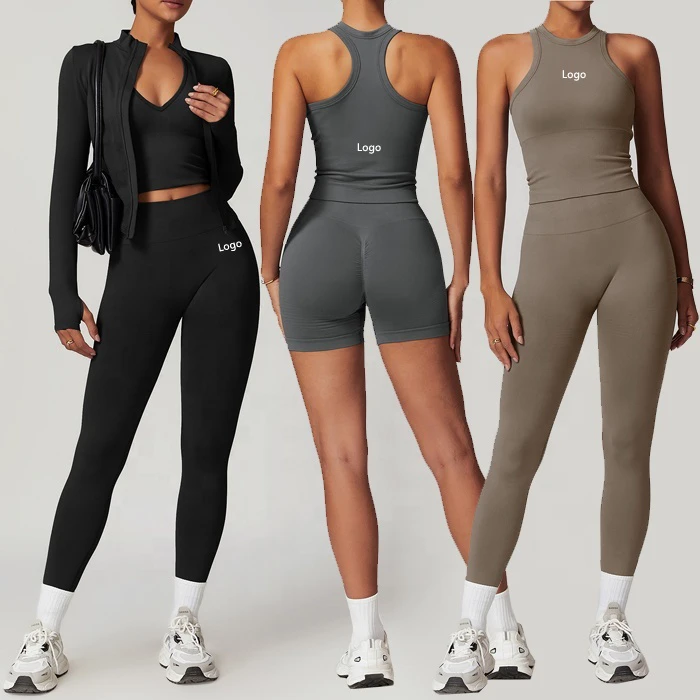 Women Workout Outfits 5pcs Sets Fitness Gym Long Sleeve Yoga Jacket Bra tank Top Seamless Leggings Stretchy Sports Apparel Set