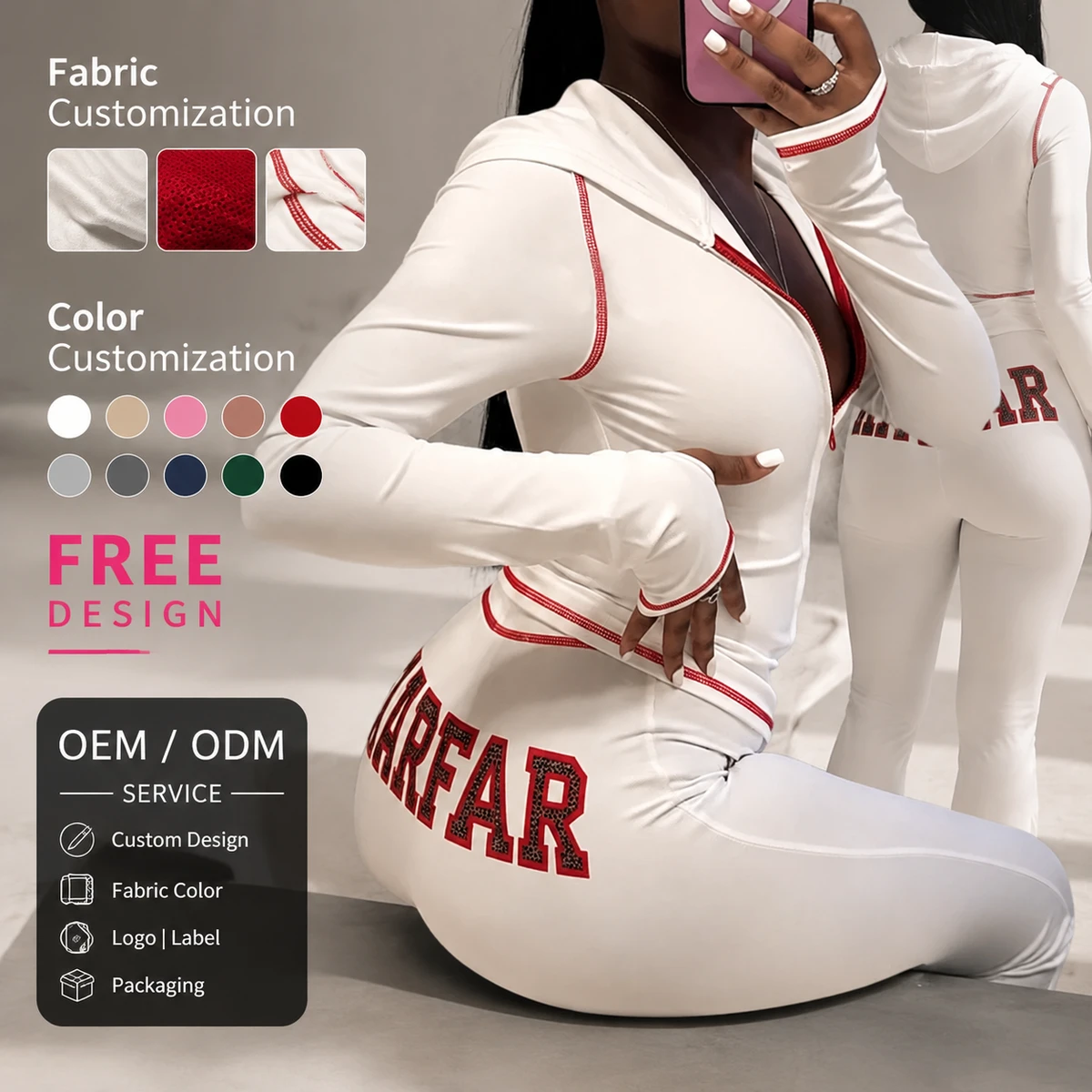 Custom Logo Women 80 Nylon 20 Spandex Hooded Zip Front Deep V Long Sleeve Contrast Trim Slim Leggings Two Piece Sweatsuit Set
