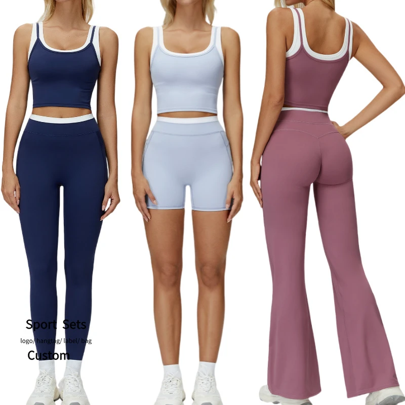 Fashion Color Blocking 2 Piece Yoga Suit Custom Logo Women Sports Wear Sleeveless Skinny Tank Top High Waist Leggings Gym Sets