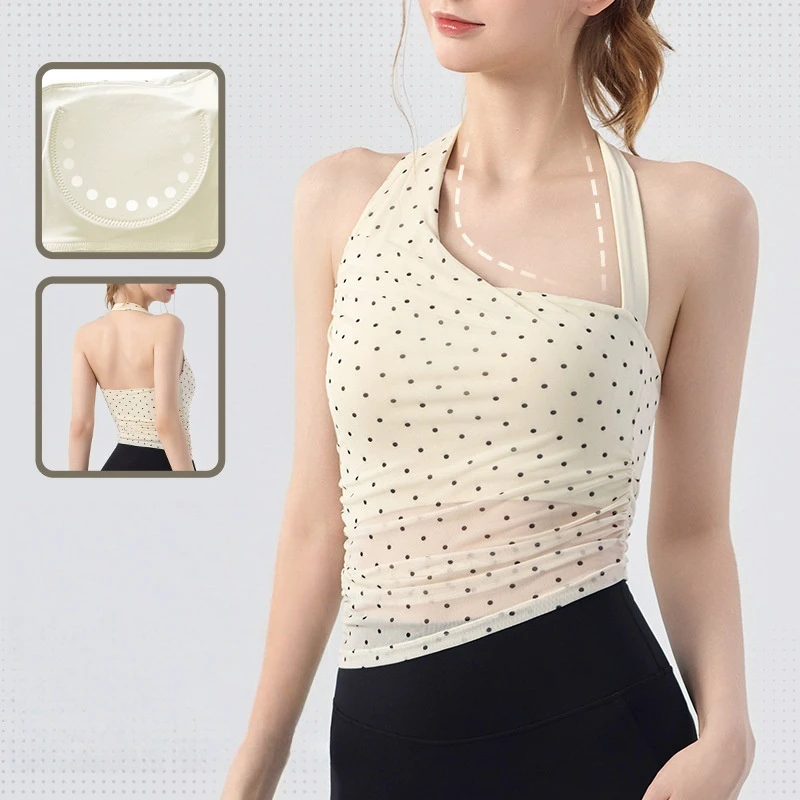 Women's Sports Sleeveless Halter Neck Polka Dot Strapless Backless Yoga Top with Medium Support Padded Bra Yoga Top
