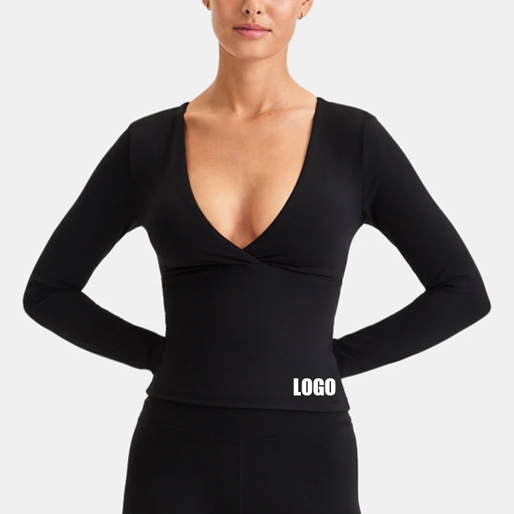 OEM Custom High Quality Super Soft Fitness Lightweight V-neck Sports Yoga Long Sleeves T-Shirts for Women