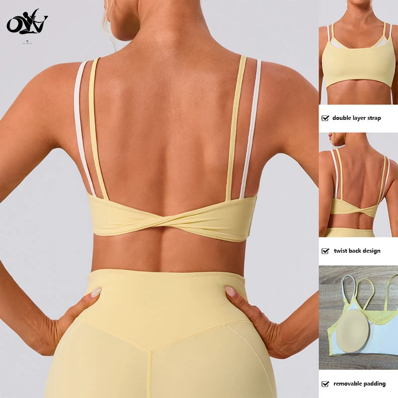 Wholesale Contrast Color Double Layer Women Sports Bra Yoga Fitness Top Sexy Fashionable New Design Ladies Sports Top Twist Back