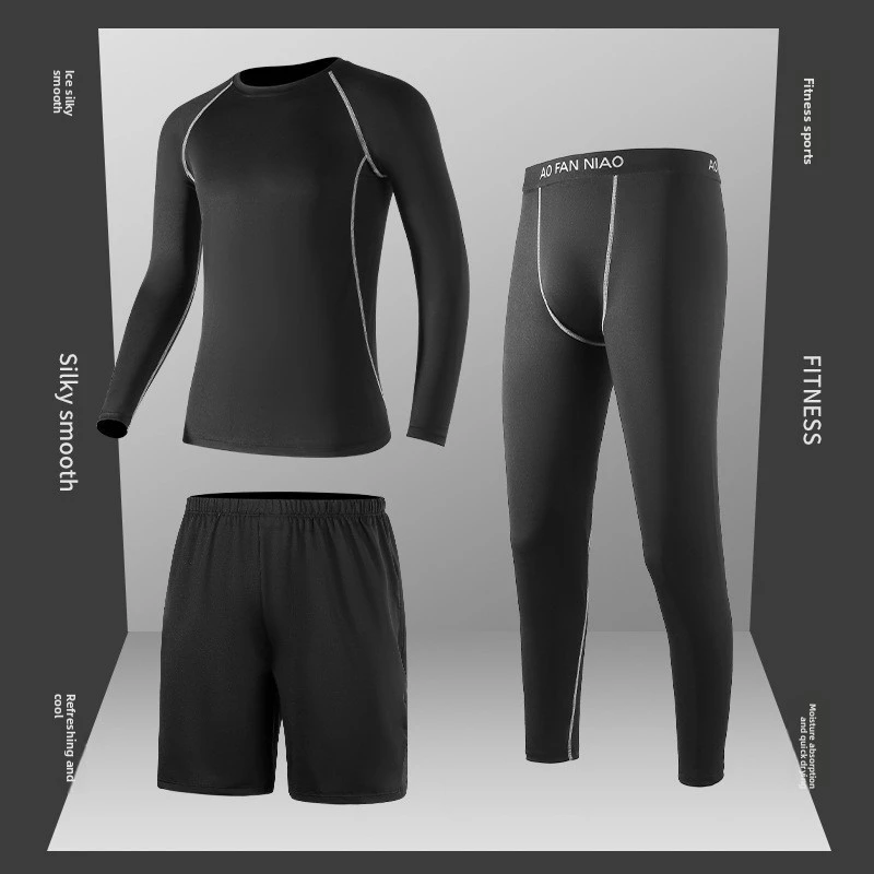 Men's Lightweight Solid Sports Gym Clothing Set Breathable Quick-Dry Three-Piece Long Sleeves Yoga Tight Fitness Training Plus