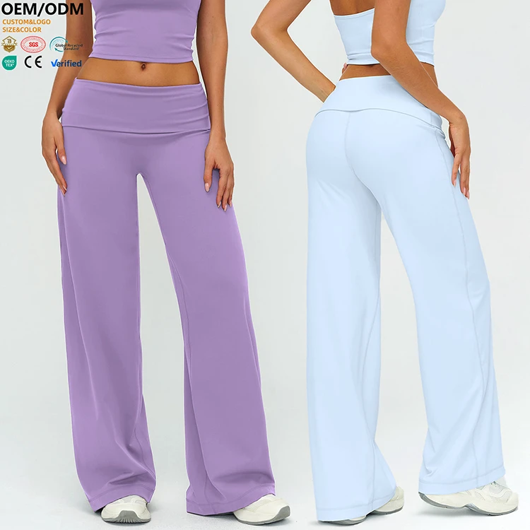 Plus Size High Elastic Fold Over Yoga Pants Women Soft Brushed Wide Leg Tummy Control Butt Lifting Outdoor Running Fitness Wear