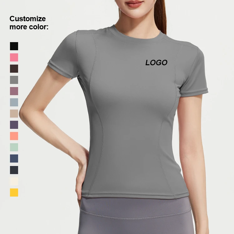 Women's Breathable Nylon Sports Bra Short Sleeve Round Neck Yoga Top for Running and Fitness Top Sports T-Shirt
