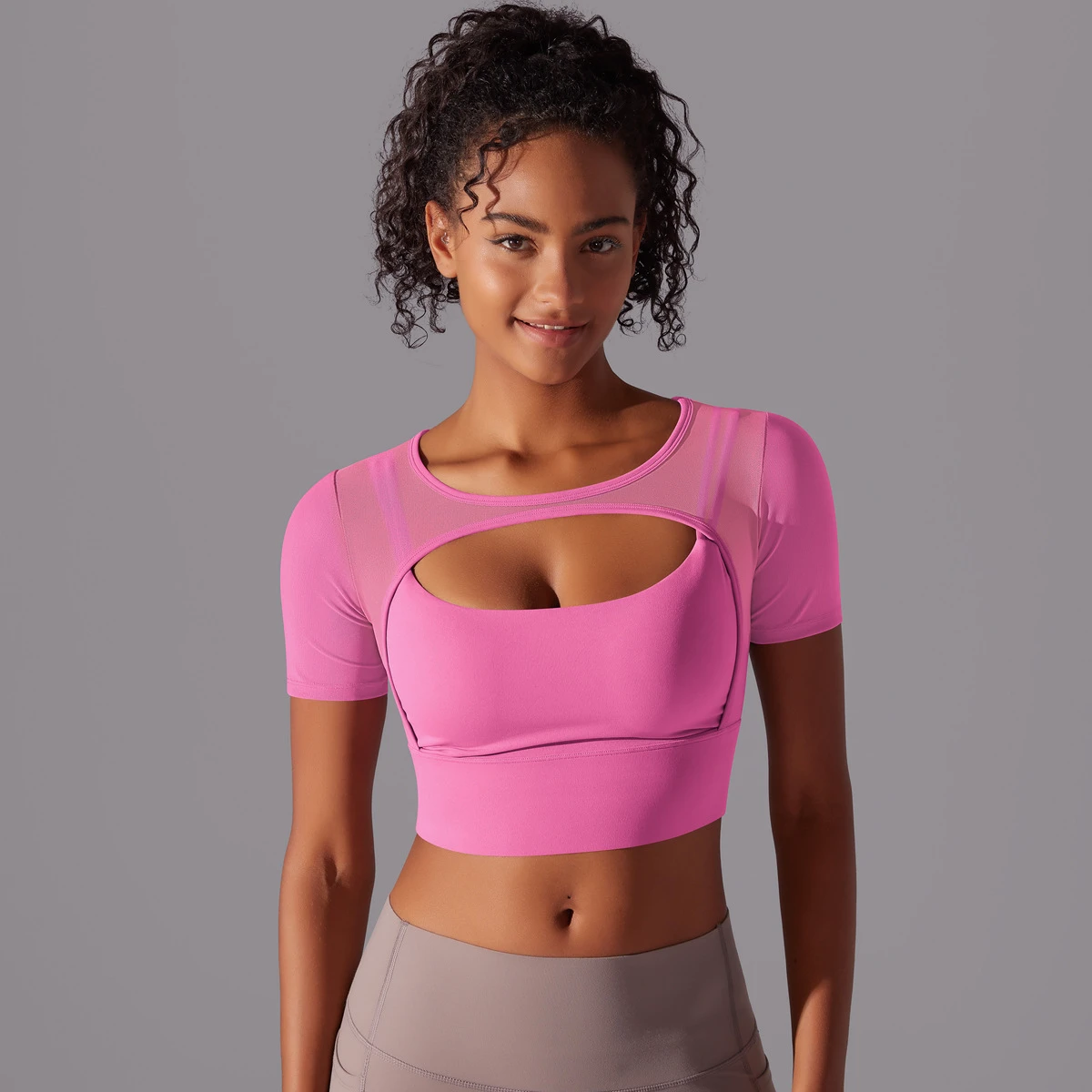 2026 New Women Short Sleeve Mesh Yoga Tops Built In Sexy Sports Bra Quick Dry Crop Tops Plus Size Gym Fitness Wear Sportswear