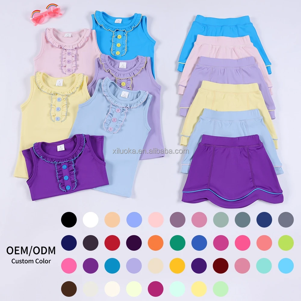 Kids Yoga Outfit Sleeveless Top With Ruffle Placket And Scalloped Skirt With Shorts Low Minimum Order