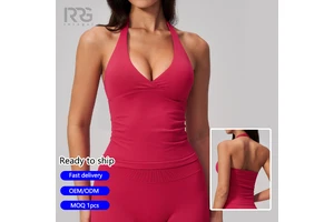 Roregal Seamless V-Neck Yoga Tank Top Women Halter Neck Slim Fit Gym Workout Vest Sexy Open Back Sports Top for Running