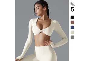 New Sports Long-sleeved Fitness Women's Deep V-neck Slim-fit Breathable Nylon Spandex Solid Color Instagram Style Yoga