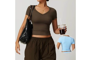 The Newest Gym Clothes Sexy V Neck Short Sleeve T Shirts Women Slim Fit Everyday T-shirt Crop Tops