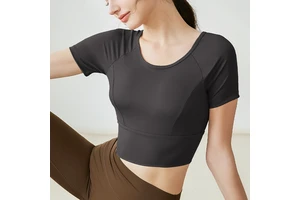 Women's Lightweight Breathable Nylon Mesh Crisscross Back Yoga Tank Top Short Sleeve Cropped Built-in Cups Four-Way Stretch