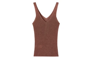 Wholesale Women's High Quality Sweet Breathable Eco-Friendly Spandex/Polyester Knitted V-neck Tank Top Lace Tassel Ribbons