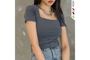 Custom Logo Printing Pattern Fashion Summer Solid Short Sleeve Square Neck Women T-Shirt Top