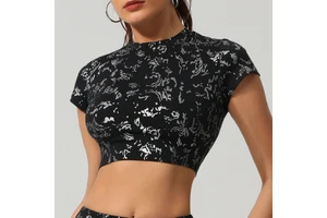 Women's Hot Stamping Round Neck Short Sleeve Slim Fitted Running Gym T Shirts Breathable Nylon Basic Yoga T-shirt for Women