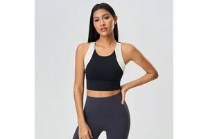 Workout Crop Top Double Layer Built In Bra Breathable Quick Dry Four Way Stretch Yoga Running Contrasting color patching design