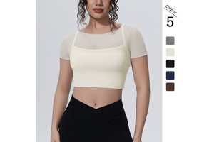 New Cross-border Solid Color Mesh Double-layer Breathable Short-sleeved Top Tight-fitting Casual Sports Yoga