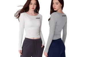Round Neck Women's Custom Yoga Top Pleated Side Gym Sports Top Long Sleeves Wholesale Print Fitness Gym Clothing