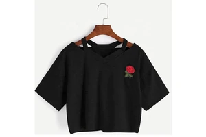 Shemax Women's Casual Spandex T-Shirt Plus Size Short Sleeve V-Neck Crew with Embroidery Decoration Soft Textile
