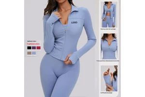 New Turn-down Collar Full-Zip Design Long Sleeve Breathable Yoga Jacket Four-Way Stretch Eco-Friendly Slim Top Outdoor Running