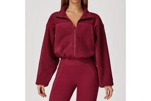 New Breathable Loose Fleece Women's Coat Long Sleeve Stand Collar Full Zip Windproof Side Pockets Jogging Casual Yoga Top