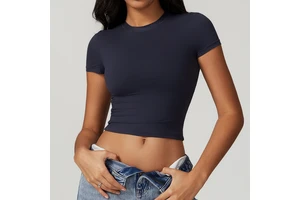 High Quality Women's Crop Tops Crew Neck Stretch Fitted T-Shirts with Shorts Sleeves Front Logo Plus Size Options