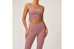 Oem Odm Women Square Neck Side Ruched Yoga Crop Top Wide Strap Support 4 Way Stretch Moisture Wicking Pilates Training Athletic