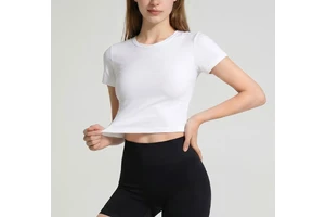 Cute Figure-flattering Pilates Yoga Wear Short-Sleeve Quick-Dry Nylon Spandex Solid Color Athletic Fitness Top for Women