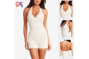 Women V Neck Cross Halter Yoga Tank Top Built in Fixed Pads Backless Sleeveless Quick Dry Fitness Workout Sports Vest Activewear