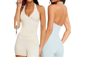 Sexy Women V Neck Halter Yoga Tank Top Removable Pads High Stretch Fitness Camisole for Pilates Gym Workout