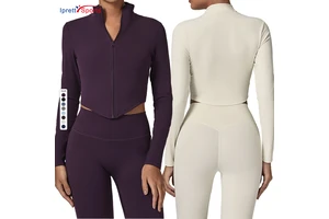 2026 New Custom logo Hat Sale Womens Stand Collar Zip up Long Sleeve Yoga Jacket Tight Fit Outdoor Gym Workout Activewear Top