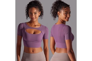 Solid Color Patchwork Mesh Sexy Double Short Sleeve Halter Push-up Bra Running Fitness Yoga Wear Top for Women