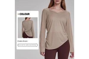 Yoga Long-sleeved Full-length Women's Pleated Drawstring T-shirt for Relaxed Casual Wear in Autumn Suitable for Fitness and Yoga