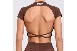 Quick-Drying Breathable Sports Top with Chest Pad Backless and Sanded Tight Short-Sleeved for Outdoor Fitness Yoga