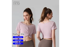 Roregal Yoga Top Women Twist Knotted Short Sleeve Gym Fitness Running Active Wear Tee