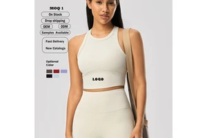 Custom Logo Ladies Fitness Yoga Workout Round Neck Sleeveless Crop Tops With Pads Women Nylon Soft Sports Gym Crop Tank Tops