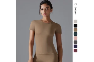 Nylon/Spandex Lightweight Breathable Four-Way Stretch Crew Neck Crop Tops Sustainable Slim Fit Workout Yoga Front Logo Sports