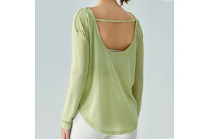 Women's Loose Fit Long Sleeve Yoga Top Quick Dry Breathable Mesh Four-Way Stretch Sweat-Wicking Gym Workout Tops U Backless